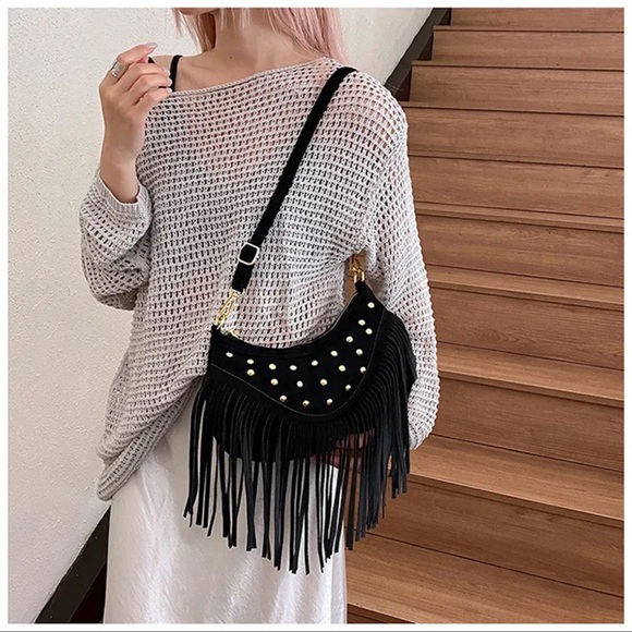 Boho Black Suede Fringe Shoulder Crossbody Bag - Picture 8 of 8